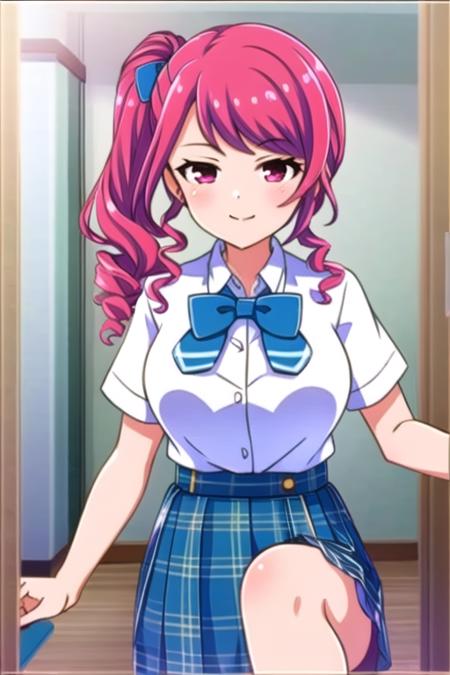 masterpiece, best quality, 1girl, solo, ameyaerika, pink hair, drill hair, side ponytail, hair bow, pink eyes, breasts, white shirt, short sleeves, blue bowtie, blue skirt, pleated skirt, plaid skirt, school uniform, smile.