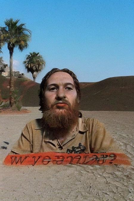 Weirdcore upper body and face of <ffurian> male character face on sand on brazilian beach,  palm trees, 90VHS, (ffurian man with beard 1.1) (y2k aesthetic 0.8), ms paint style <lora:ms-paint-lora:1> (sunny weather 1.2), the matrix movie, <lora:y2kaesthetic:0.7>, 3d render, lush, bloom, neon, half0ster