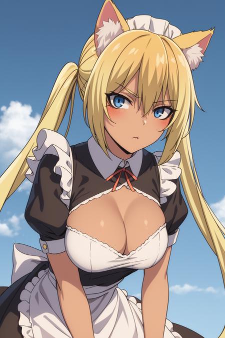 Bertrand 
<lora:BertrandV1:0.8>
((best quality)), ((masterpiece)), (detailed)
1girl, animal_ears, blonde_hair, blue_eyes, blue_sky, breasts, cat_cutout, cat_ears, cat_lingerie, cleavage, cleavage_cutout, clothing_cutout, cloud, cloudy_sky, dark_skin, day, long_hair, maid, maid_headdress, outdoors, sky, solo, sword, twintails