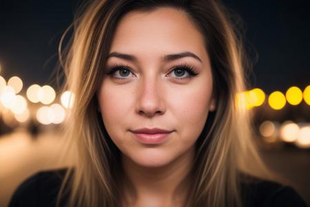 instagram photo, closeup face photo of 18 y.o swedish woman in dress, beautiful face, makeup, night city street, bokeh, motion blur