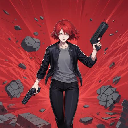 J3sse red hair, black jacket, grey shirt, black pants, boots