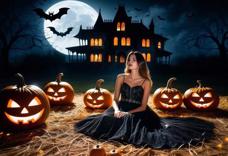 Pretty woman lying on a straw covered ground, surrounded by lots of illuminated halloween pumpkin. The woman dressed in a dress covered in cobwebs. Background with a haunted house and bats flying around the moon illuminating them.