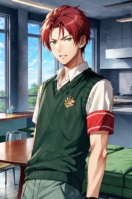 mayumi eishin\(side-m\), solo, looking at viewer, red hair, short hair, green eyes, shirt, short sleeves, 1boy, white shirt, green vest, male focus, green pants, indoors, armband, sweater vest,