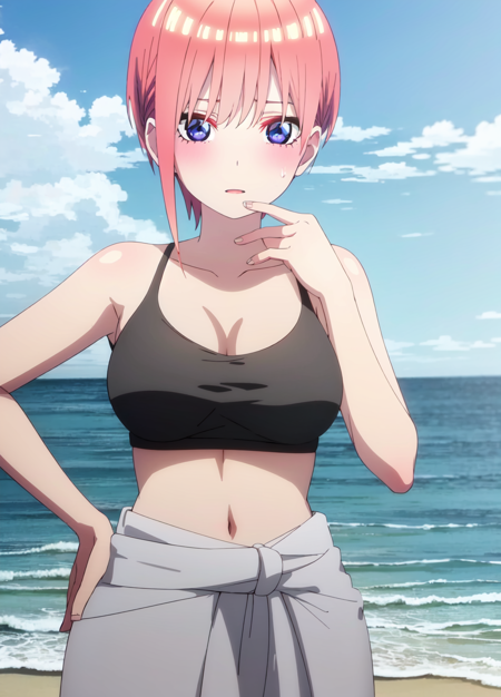 1 girl, ichika, ichika nakano, tall, adult, mature, season2, pink hair, short hair, hands on waist, (black bra:1.2), black panties, nsfw, lewd, sexy attire, revealing clothes, looking at viewer, beach background, sky, anime screencap, anime coloring, very colorful, 8k masterpiece, blue eyes, standing, (waifu, anime, exceptional, best aesthetic, new, newest, best quality, masterpiece, extremely detailed:1.2),, masterpiece, best quality,<lora:Quints-50:1>