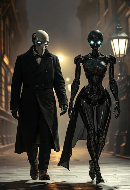 [Gothic Romance with a Mechanical Heart]. Masterpiece, highres, ultra-realistic, 4k. A man in a dark Victorian coat and eerie plague doctor mask walks through the foggy, gaslit streets of 19th-century London at night. Beside him, his robotic girlfriend, a highly detailed, clearly artificial humanoid woman, walks with delicate mechanical grace. Her metallic limbs and exposed servos shine under the streetlamps, but her glowing eyes and gentle posture hint at deep emotional awareness. The scene is cinematic and moody, filled with gothic romance and futuristic tragedy. Their connection is evident, despite their different natures, man and machine in love.