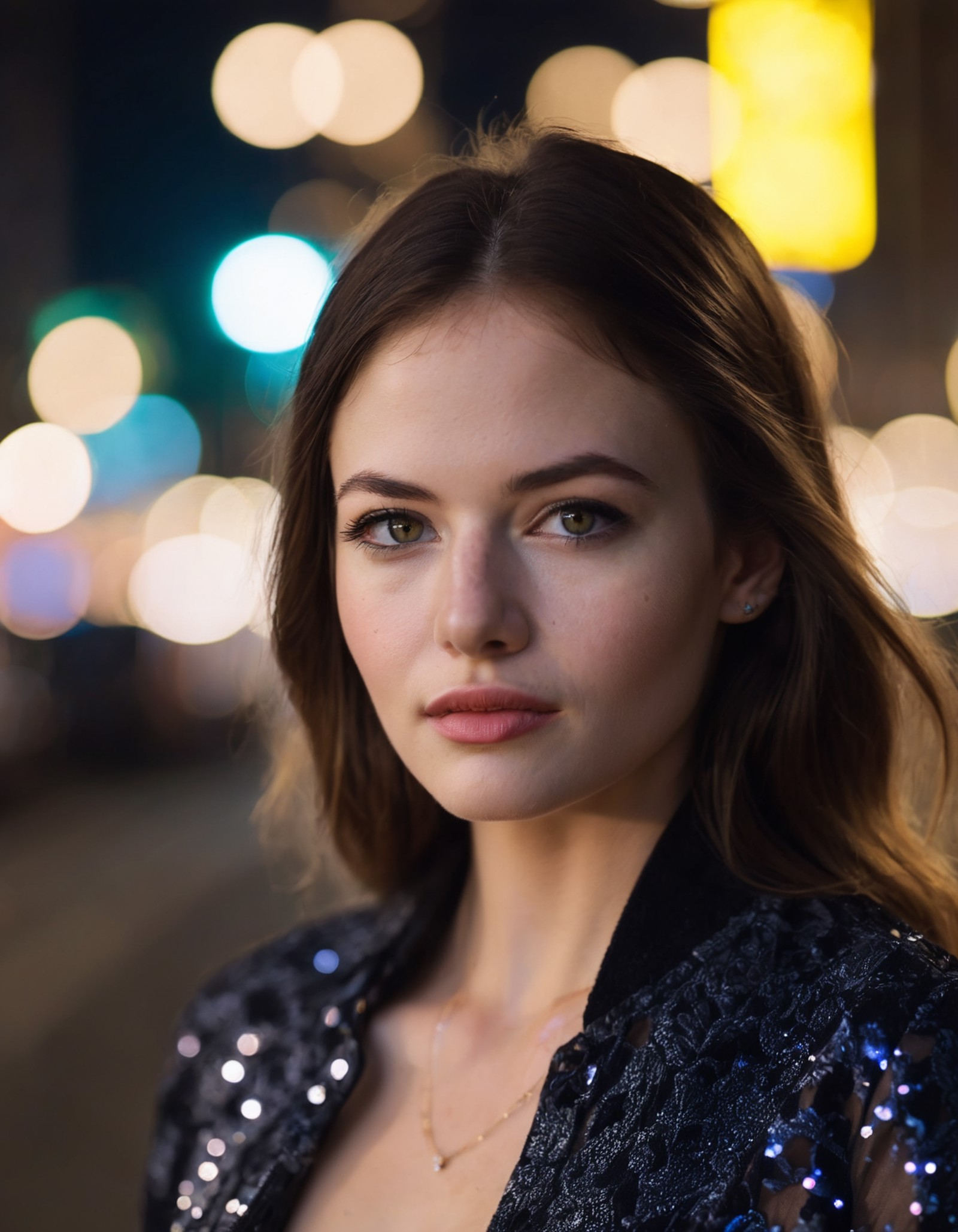 cinematic photo professional fashion close-up portrait photography of a beautiful ((ohwx woman)) in the city at night, Nik...