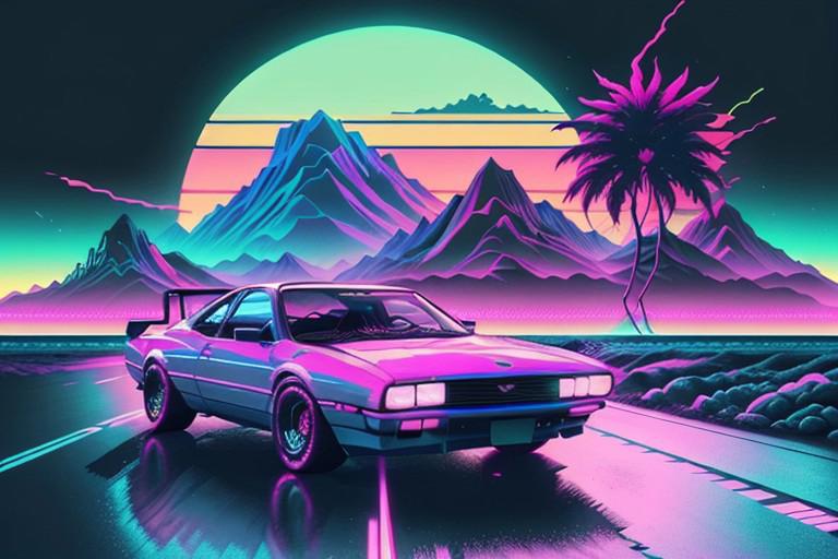 (synthwave:1.2), (neon sun)  scanlines, wireframe, mountains, palm tree, vectorized,(retrowave), (vaporwave), purple blue pink yellow orange blue black, car, car on road, motion lines, car mid-drift, retro 80's inspired car design, sleek, sharp lines, car with neon underglow, neon, dark background, (highres), best quality, high quality, (masterpiece), intricate detail, [[raytracing]] <lora:retrowave_0.12:0.7>, neonskiesai,