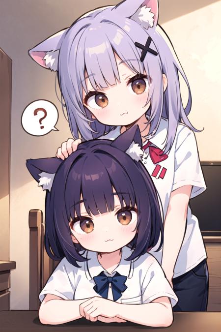 2girls, animal ears, head rest, :3, collared shirt, head tilt, spoken question mark, brown eyes, purple hair, x hair ornament, blunt bangs, short sleeves, arm support