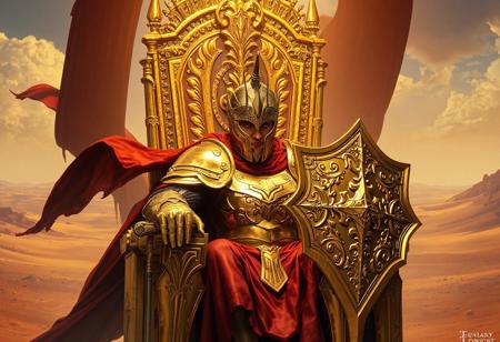 Golden Phantom Knights of Silent Boots knight on throne, desert vista, ornate gold armor, red cape, matching gold shield & sword, baroque painting, dramatic lighting, trending on Artstation, 4k, octane render, unreal engine 5, hyperrealistic, detailed face, vivid emotion, CGSociety, golden ratio, isometric, splash ink illustration, grammer effect style.