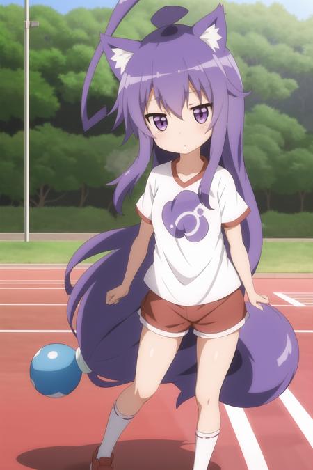 1girl, tsumiki_miniwa, purple hair, full body, little girl, long hair, ahoge, sport clothes, white t-shirt, red shorts, school stadium, kemonomimi, round animal ears, cat tail