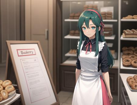 best quality, (masterpiece:1.2), illustration, absurdres,
(1girl, solo), (beautiful detailed girl), 
<lora:Bennet-08:0.8>, Bennet, aqua eyes, green hair, long hair, small breasts, hair ribbon, red headband,
black shirt, white apron, pink skirt, long skirt, brown shoes,
((inside intricate detailed bakery)), bread, pastries, table, store, shop,
(shy:1.1), smile, looking at viewer,