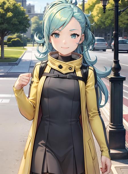 masterpiece, official art, 1girl, CGI,  <lora:mizuki-10_2:0.8>, aionemizuki, long jacket, long sleeves, dress, small breasts, thumbs_up, coat, ponytail, smiling, beautiful green park background