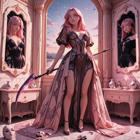 CivChan, purple eyes, pink hair, breathtaking detailed, masterpiece, awe-inspiring, radiant, magnificent, full-body Civcan, eerie lace gown, twin floating scythes, hair drifting upward, glowing eyes, standing on mirror-like lake, porcelain masks circling her, twilight sky, shattered cathedral in background<lora:IL_CivChan.safetensors:0.8:0.8>