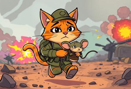 cartoon style, a cat with army uniform running carryng a fainted mouse with army uniform from a battlefield with multiple colors colorful explosions with a worried funny face, dust color, color smoke