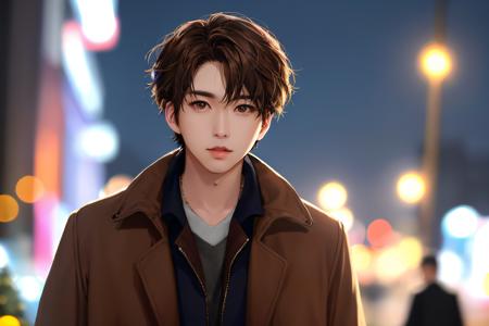 (1man:1.6),(male:1.6),<lora:ShinwonKo>,(male focus:1.4),solo,looking at viewer,short hair,brown hair,black hair,jacket,upper body,blurry,lips,coat,depth of field,brown jacket,realistic,christmas tree,night,nighttime,brown coat,bokeh,backlight,subsurface scattering,absurdres,realistic proportions,perfect lighting,side lighting,(vibrant colors),film still,HDR,photographed by Canan EOS R6,1/1250s,f/2.8,ISO 400,photorealistic,sharp focus,Korean,