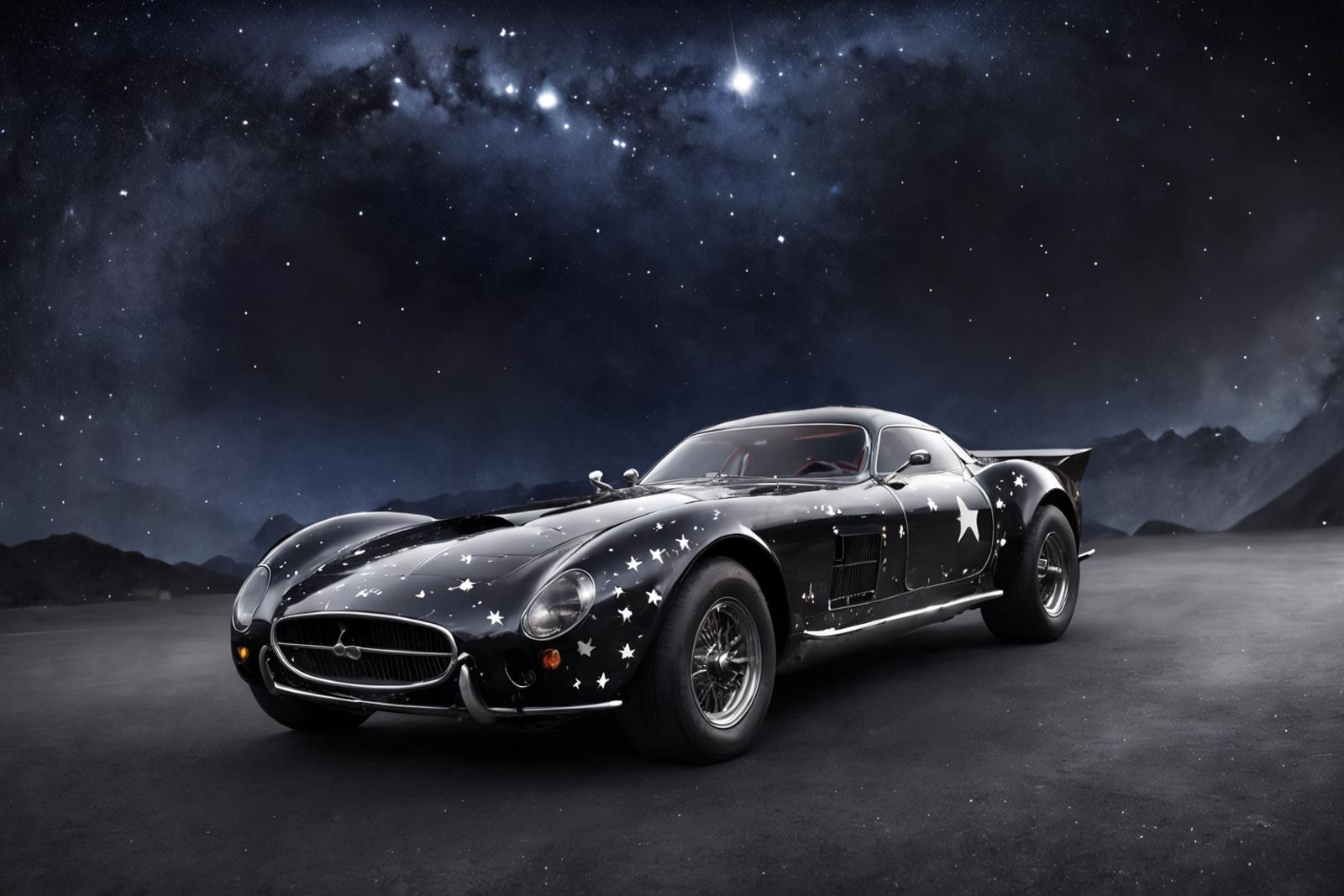 A black sports car with stars on the hood sitting on a dark road.