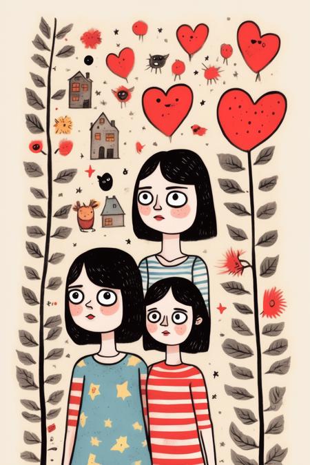 <lora:Gemma Correll Style:1>Gemma Correll Style - a middle aged woman next to a female child showing the shoulders up in the style of charming illustrations comic book in the style of Gemma Correll