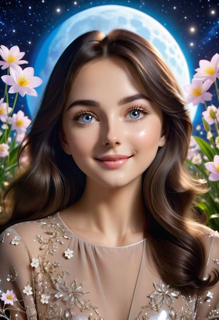 8K, UHD. Creative compositon. AI_girl doll, european, (visible eyes, nose and mouth:1.10) princess, oval face, night time with shooting stars and (one full-moon:1.05), (moon rays on her :1.09), a beautiful cute princess by the (flowing long wavy brown thick hair:1.10), and (cute brown eyes:1.05), assymetric eyes, (two eye iris:1.05), perfect eyes, (blunt bangs:1.05), she looks at you, (hand on her own face:1.10), (relaxed hands and thin hands fingers too:1.10), (five fingers:1.10), wide smile, mouth open, (cute behavior:1.05), shy and pure (blushing:1.05), (luxury manor behind her:1.10), she's in her garden with beautiful flowers. Beautiful composition illustration.