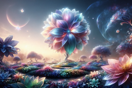 a floral phoenix with wings of iridescent petals, shimmering flames, and blooming tail, solo, p1nk1r1fl0wers, made out of iridescent flower petals, in a floral starfield style, with petal stars, shimmering skies, and cosmic glow, a petal jungle with blooming vines, iridescent leaves, and tropical glow, detailed background, floating in starfield, petals glowing, romantic, petals blooming, dynamic angle, wide shot, a crystal bloom with entities shimmering, crystals glowing, crystal garden, iridescent leaves, nearby, on petal water, shimmering surface, sunny, bright sunlight, clear skies, warm glow, midmorning, bright pastel sunlight, warm air, clear skies, best quality, vibrant colors, photorealistic style, high detail, high-definition, hyper-realistic, extremely high-resolution details, fine texture, incredibly lifelike, realistic, not cartoon, not drawing, highres, 4K resolution, source photo, realistic photo, masterpiece, best quality, amazing quality, very aesthetic, ultra-detailed, detailed textures, natural lighting, soft lighting, twilight hues, purples, blues, pinks, moonlight, cool silver glow, low angle shot, looking up, <lora:PinkieIriFlwrsSDXL-v1:1>
