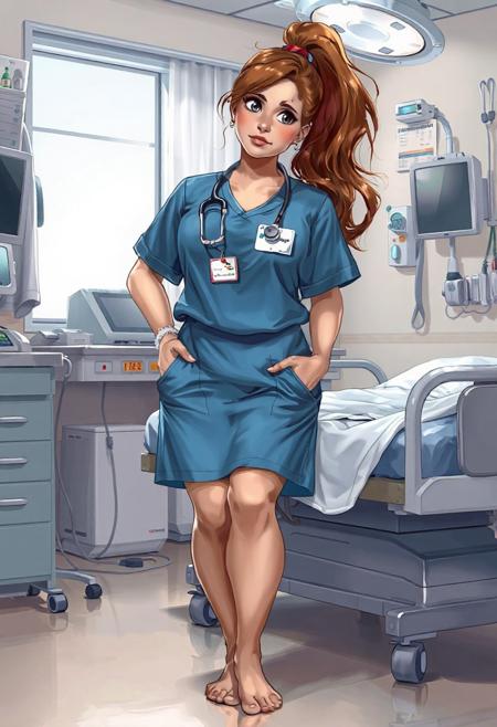 A highly detailed digital illustration in a realistic style, featuring a nurse wearing a blue nurse outfit and being barefeet  She has a name tag. She is german, about 45 years old, with a high ponytail and auburn hair. She has a thin face but a somewhat plump body with a bit of a stomach. She is tired after a long day of work. The location is a doctor's office, equipped with a medical bed and various medical equipments.