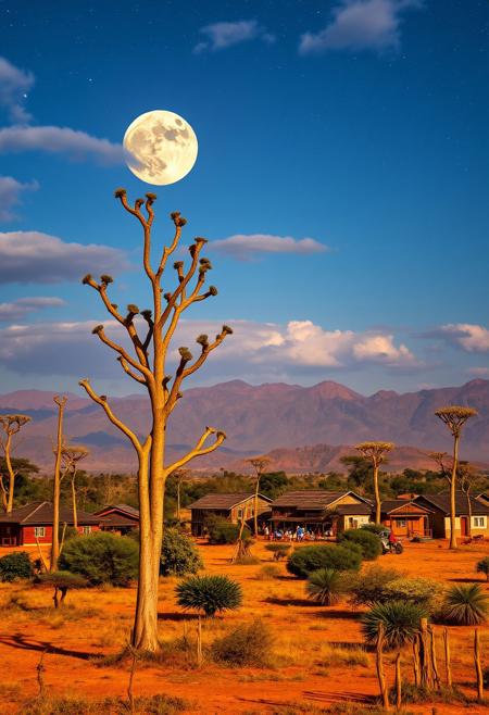 acacia trees, tall wooden village buildings, mountains in far distance, bustling village, savannah wilds, arid prairie, detailed scenery, fullmoon, night, clouds, starry sky, milky way, 
best quality, sharp focus, high contrast, colorful, ultra quality, 8k, best quality,