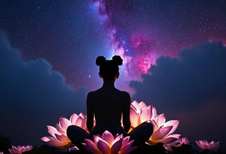 rp_slgd, lotus, On top of the flower sat the silhouette of a woman with her hair in two buns，dramatic light, night, milky way, star sky, glowing, trippy,