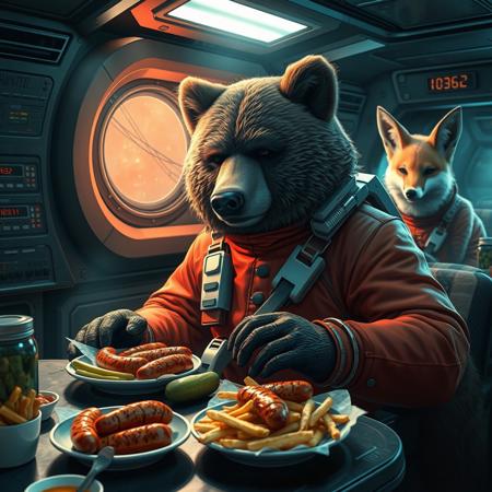 An exhausted anthro grizzly bear starship pilot is being served lunch in the ship's femboy fox diner. The bear is wearing a futuristic red uniform. Bear's lunch consists of grilled sausages, pickles, and french fries. The diner staff are anthro femboy foxes. The scene has an atmospheric cinematic look with high contrast. The overall aesthetic is serene and relaxed.