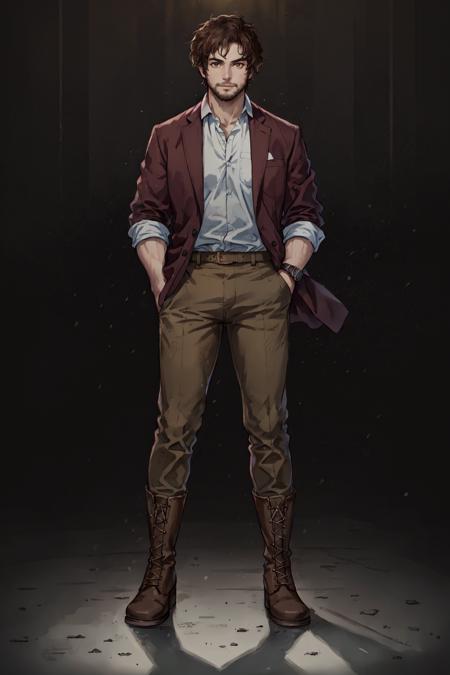 Dewey Finn,  (masterpiece,  best quality,  ultra-detailed,  highres),  1boy,  solo,  facial hair,  male focus,  beard,  watch,  brown hair,  wristwatch,  standing,  pants,  shirt,  looking at viewer,  full body,  hands in pockets,  brown footwear,  brown pants,  boots,  official art,  masterpiece,  extreme light and shadow,  rim lighting,  film quality, <lora:EMS-47352-EMS:0.800000>