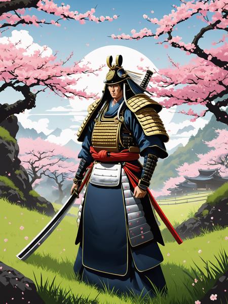 graphical anime portrait of A formidable samurai warrior, wielding a katana:1.4, on a serene cherry blossom-strewn battlefield:1.4, with a stoic and disciplined stance:1.4, adorned in traditional armor:1.4, and a code of honor:1.4., Cyber-chic , <lora:Fusion_Graphic_SDXL:1>