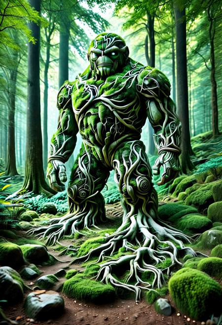 score_9,score_8_up,score_7_up, PG-TR, This is a vibrant, fantasy illustration of a large, golem-like figure that appears to be made of stones and rocks, partly overgrown with lush green foliage. The figure stands in a forested environment, with trees and plants surrounding it, and in the background, ruins or other stone structures are visible. The sky above is clear blue with some white clouds, indicating a sunny day.
The colossus itself is impressively large, with a broad posture and thick, robust limbs. Its body is a mix of gray and brown stones, some smoother than others, with cracks and moss growth emphasizing its age and natural integration. The most striking feature is the dense layer of bright green leaves covering large parts of its torso, shoulders, and upper legs, as if it has become part of the forest itself.
The colossus's face is somewhat human-like, with a stylized, flat nose and indentations suggesting eyes, all formed from stone. The overall atmosphere of the image is one of wonder and mystery, fitting for a fantasy world. <lora:Treeroots_0_90_multi2_Handprocessed_V2:1>