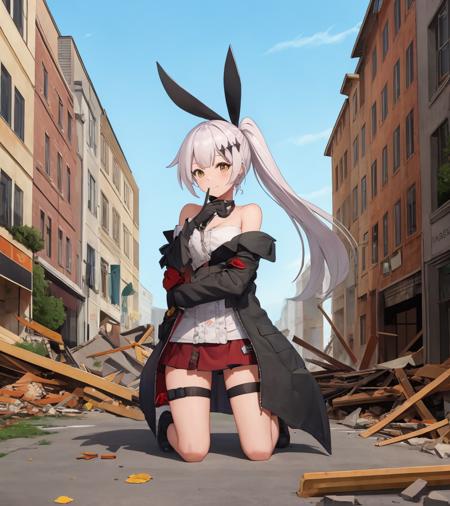 fiveseven, (fivesevennormal:1), rubble, city, ruins, destruction, kneeling, full body, jacket, off shoulder, 
<lora:FiveSeven:.6> <lora:FiveSevenNormal_Costume:.6>