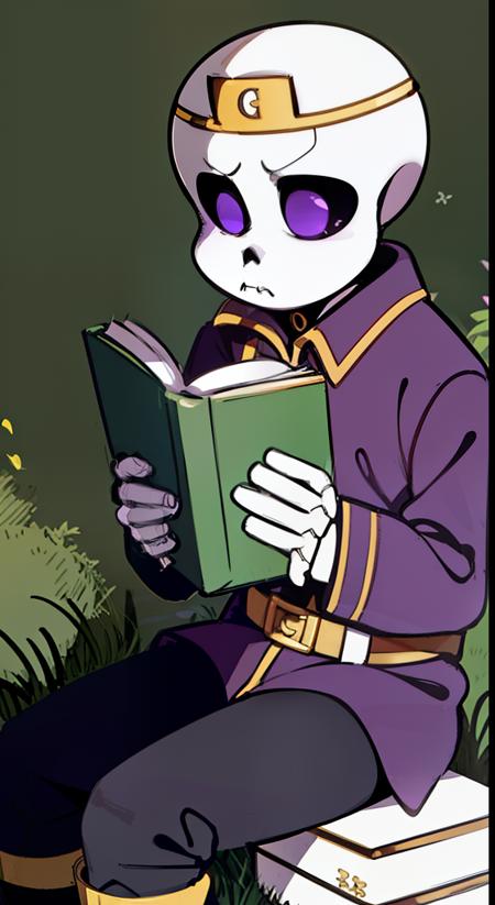 nightmare!sans, skeleton, dark purple jacket, black pants, dark purple boots, lavender pupils, golden moon crown, golden belt has NM sign, standing still, solo, cartoon, cartoon eyes, simple background, crawl into ball, from above, holding book, confused, sitting on grass