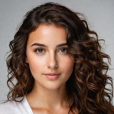 best quality, beautiful, 22 year old woman, brunette wavy  hair, (full face portrait:1.2), face portrait, detailed face,  dark brown eyes , hyper realistic, (facing camera), (looking into the camera), studio portrait, natural lightning, perfect shadows, (white background:1.1)