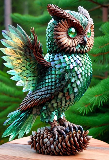 best quality, masterpiece, high resolution, intricate detailed,
sculpture made of pines cones and needles,
flying owl sculpture made of fluorite mineral, flu0rite, 
iridescent, translucent,
green gems,