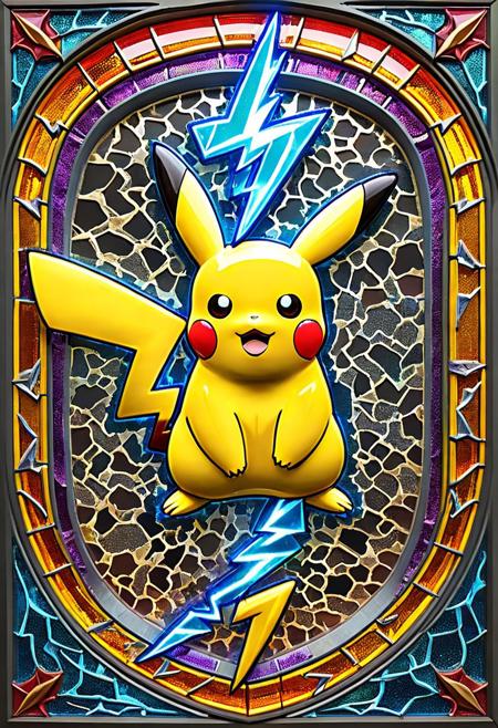 Stained glass illustration:2, ((novuschroma54 style)), pikachu, fuzed glass pikachu, lightning bolt symbol, electricity, glass lightning bolts, spherical perspective, ultra-wide angle, 4mm fisheye, f1sh3y3,