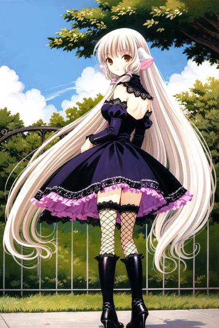 Freya, 1girl, solo, long hair, thighhighs, very long hair, frills, day, blonde hair, bow, brown eyes, wings, dress, sky, looking back, cloud, outdoors, robot ears, fishnets, fishnet thighhighs, tree, boots, fence, long sleeves, high heels, looking at viewer, hair bow, hair tubes, shoes, ribbon, <lora:Chobits:0.9>