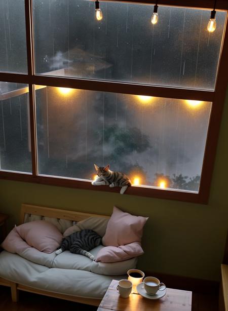 A warm, inviting anime cafÃ© with wooden furniture, soft lighting, and fairy lights hanging from the ceiling. Outside, itâs raining, and a cat sleeps on the windowsill while steam rises from a freshly brewed cup of coffee.