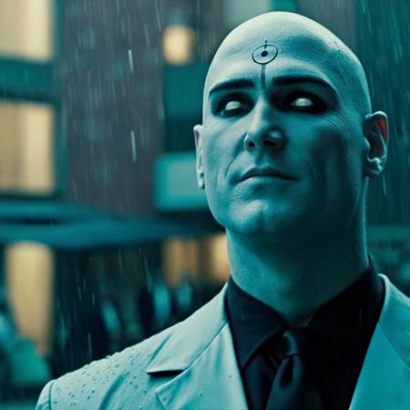 cinematic film still of Doctor Manhattan <lora:Doctor Manhattan:1.2>
Doctor Manhattan a closeup of a bald man with a blue face and white eyes and a black tuxedo shouting angry in rain In Watchmen Universe, shallow depth of field, vignette, highly detailed, high budget, bokeh, cinemascope, moody, epic, gorgeous, film grain, grainy