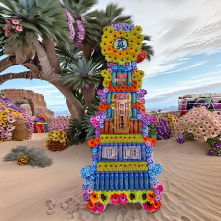 RAW photo,no humans,  a large colorful canedoffering_\(flat floral decorated\) iIn the deserts of the American West,with canned drinks arranged on it.   best quality, masterpiece, 8k uhd, dslr, soft lighting, high quality, film grain, Fujifilm XT3   <lora:100_Taiwan offering_1v_5_768_0001deep5e_off:1> absurdres,