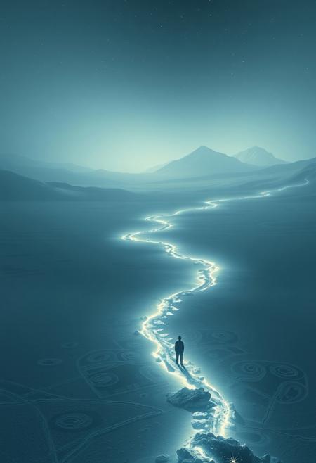 surreal luminous landscapes with conceptual poetic minimalism, hyper-detailed glowing snow and water, soft ethereal light blending with delicate minimalist figures, atmospheric dreamlike storytelling, vast untouched nature meeting subtle surreal illusions