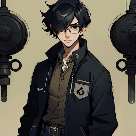 solo, 1boy, handsome,nate moore, glasses, bangs cover one eye,  black hair, cowboy shot