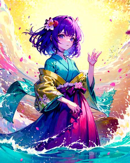 hieda no akyuu, 1girl, solo, japanese clothes,<lora:HiedaNoAkyuuV1:0.85>,standing,wave,sea,liquid clothes,  <lora:LiquidClothesV1fixed:0.8>,cherry blossoms,