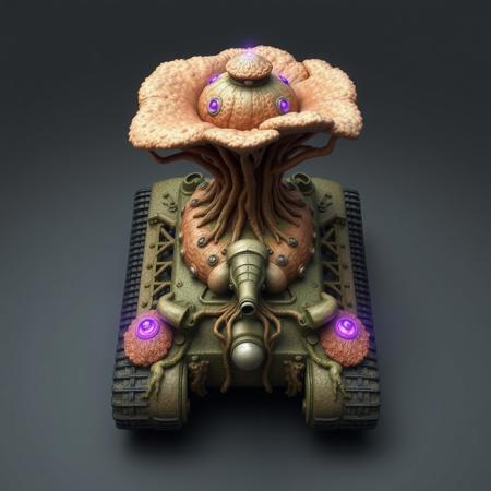((top view)), (tank),
Tall tank with fungal tower rising from the center and spreading cap-like armor out over the body.
Chassis: Coral-like chitin plating, semi-organic with branching root textures. Slight iridescence in shifting light.
Tracks: Short, stocky treads with fungal lattice stabilizers over each corner.
Details: Central tower leaks bio-mist during idle. Crust-like armor plates pulse faintly as mycelial network reconfigures.
Lights: Purple luminescence from fungal nodes. Spore lamps blink in repeating bio-patterns.