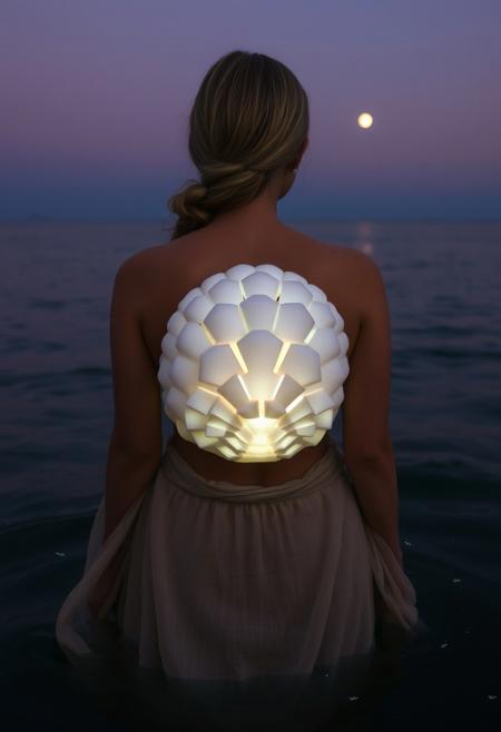A serene woman gazes out over a tranquil ocean, her torso protected by a large, sculpted shell breastplate that glows softly under the twilight sky. Flowing, gauzy textiles wrap around her waist, mimicking the gentle waves. The water is still, reflecting the soft light of the moon as small bioluminescent creatures flicker beneath the surface.