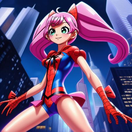 full body portrait,highlight shot the cinema "spiderman" ,a girl laala manaka,she wear spiderman bodysuit,fly around skyscrapers,she have cute bow on head,ahoge,large twintails,official 4K wallpaper,<lora:test_lala:1.0>