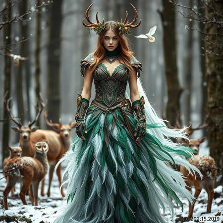 A powerful and ethereal look inspired by a warrior goddess who protects the winter forest. The outfit combines elements of nature and fantasy armor: a bodice made of interwoven holly leaves and bark-like leather, with metallic accents resembling icicles. The skirt is a cascade of long, flowing feathers in shades of emerald green and frosty white, resembling a snow-covered forest. The model wears a headdress of antlers adorned with glowing fairy lights and mistletoe, and her arms are wrapped in golden bracers engraved with snowflake patterns. She stands in an enchanted forest, with animals like deer and owls gathering around her. Keywords: warrior, holly, feathers, antlers, snowflake, mistletoe, enchanted forest, armor
