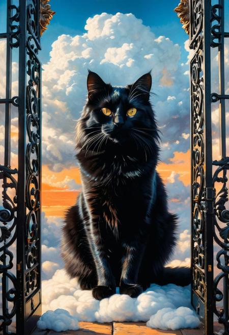 (A black cat sitting at the gates of paradise on the clouds) (ingenious opus magnum by Michael Vincent Manalo and Elvira Vigna:1.2), (pastel oil painting:0.1), high key with glistening light, cosmic anddireful and dramatic atmosphere, (zestful quinacridone nickel azo gold and electricblue color swatch:0.1), raw details, crisp details, bokeh lights, <lora:xl_more_art-full_v1:0.6> ,analog photo, full body,, tall height, against the rise in the background, , , epic clouds, (oil on canvas:0.2), , art by Jeremy Mann, god rays, dramatic light,    ,  (art by Eduard Wilhelm Pose and Master of the Holy Blood and Ivan Bilibin:1.1), (oxygen-rich air and sheltered atmosphere,, aesthetic of hard - edge painting:0.1), symmetry and balance, pioneering unparalleled masterwork with superior details, <lora:MJ52:0.90> <lora:xl_more_art-full_v1:0.4> <lora:RMSDXL_Creative:1>,(skin texture),masterpiece, top quality, best quality, official art,highest detailed,,atmospheric lighting, cinematic composition,complex multiple subjects, 4k HDRvaporwave style , , cyberpunk, vibrant, neon colors, , highly detailed,,,Leica Q2 with Summilux 35mm f/1.2 ASPH, ,clear face, Ultra High Resolution, wallpaper, 8K,Rich texture details, hyper detailed, detailed eyes, detailed background, dramatic angle,