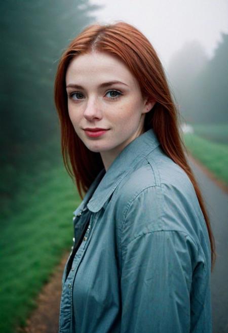 Solo female, photograph of a petite pale beautiful Irish woman,ultra long red hair, full body, sharp focus, dslr, detailed skin, pores, 20 years old, (full body:0.8),(sexy fashion clothes:1.4), relaxed, foggy lighting, little smile, detailed skin face and eyes, natural lighting, film grain, low contrast, high definition, high res, photo from above,Perfil,