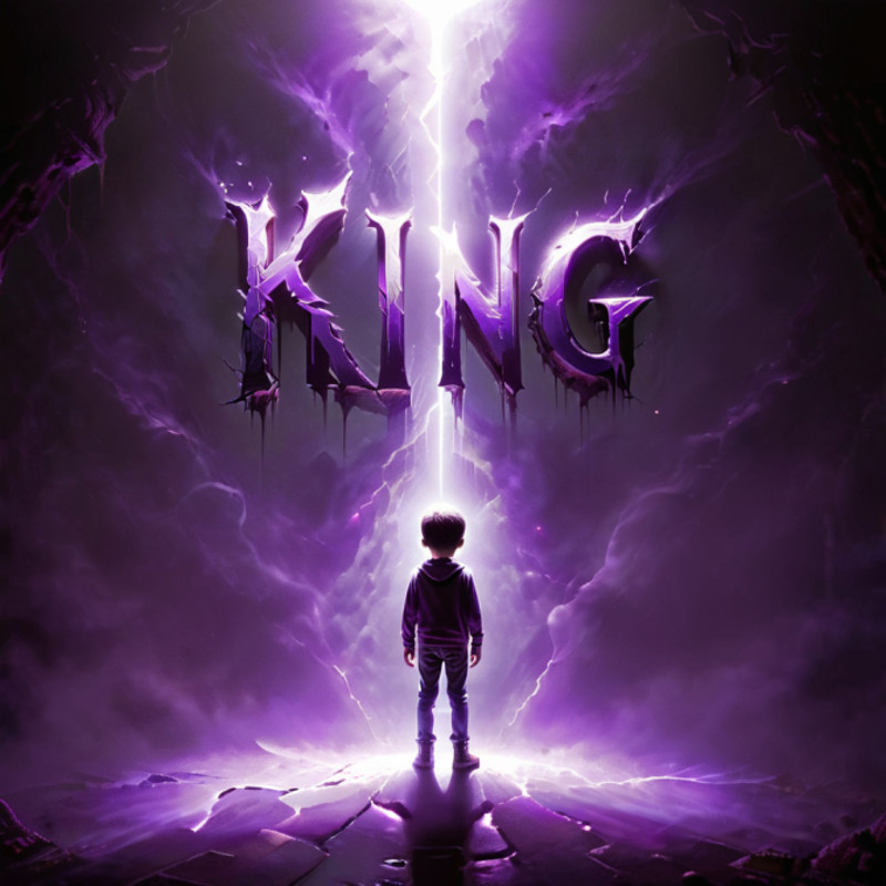 (KING text logo:1.4) , a boy alone in the dark, small light showing the boy, purple color   <lora:Harrlogos_v1.1:1> 