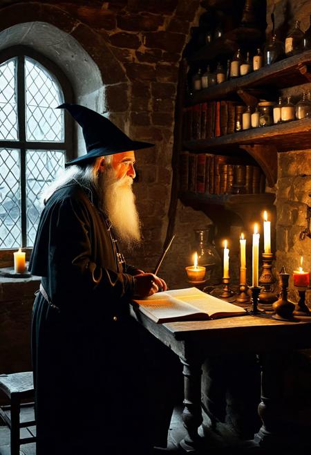 Paracelso portraiit, classic old book illustration, side-view, old alchemist, elderly man, long beard, long hair, pointed conic hat, medieval laboratory in second plan, dark environment, alchemical symbols on the walls, old books, observing a large test flask, candles for iluminate, real collors, medieval